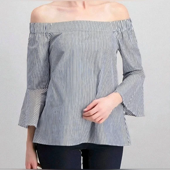 Cupio Off-Shoulder Navy Striped Blouse - Picture 1 of 8